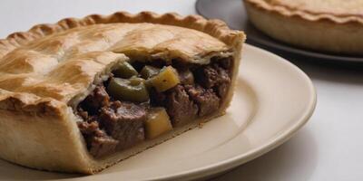 A savory beef and vegetable pie, partially sliced, revealing its delicious filling, sits on a plate. A second whole pie is visible in the background. photo
