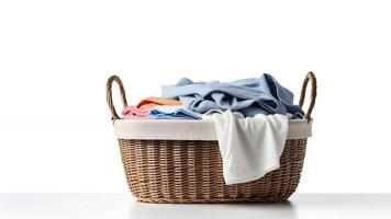 A wicker laundry basket overflowing with clean, folded clothes on white background. photo