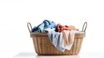 A wicker laundry basket overflowing with pastel-colored clothes on a white background. photo
