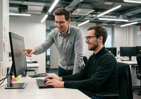 Two men working on a computer in an office photo