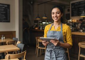 A smiling waitress holding a tablet in a restaurant photo