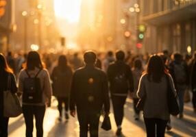 A group of people walking down a city street photo