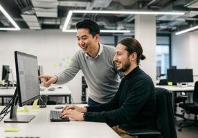 Two men in an office looking at a computer screen photo