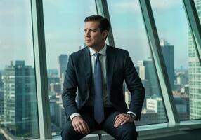A man in a suit and tie sitting on a window ledge photo
