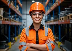 A woman in an orange shirt and safety glasses standing in a warehouse photo
