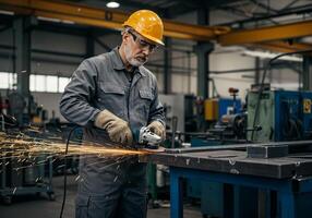 An older man in a factory using a grinder photo