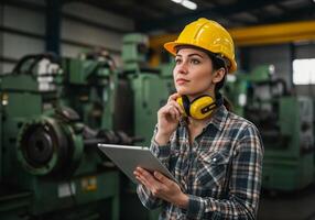 Woman in hard hat holding tablet in factory photo