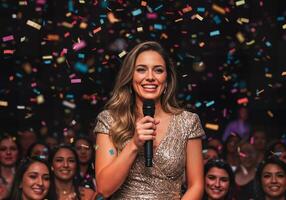 A woman holding a microphone in front of a crowd of people photo