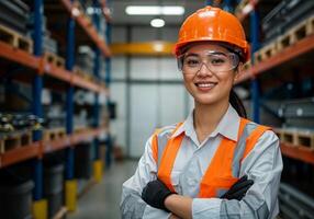 A woman in an orange hard hat and safety glasses standing in a warehouse photo