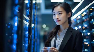 A young female IT specialist wearing a suit jacket in a server r photo