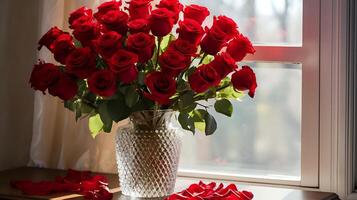 A beautiful bouquet of red roses in a crystal vase photo