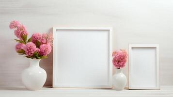 Two white picture frames and pink flowers in white vases on a wo photo