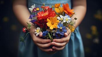 Child holding a handful of colorful flowers photo