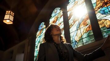 Stained glass windows are a beautiful way to let light into a bu photo