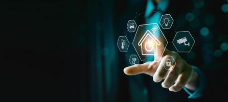 Futuristic Smart Home Interface Display, Businessman Touching Virtual Screen with Connected Device Icons for Automation, Security, Energy, and IoT Technology Integration photo