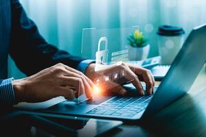 Businessman logging into digital system with secure padlock icon, emphasizing cybersecurity, data protection and access assurance, Financial Data Security, Privacy Smart Security Software photo