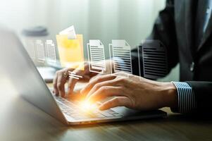 Businessman Organizing Digital Documents with Virtual File Management System on Laptop, Highlighting Efficient Workflow, Data Organization, and Modern Technology for Professional Productivity photo