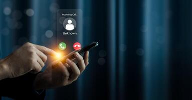 Close Up of a Man Receiving an Incoming Call from an Unknown Number on a Smartphone with Bright Notification Icons, Highlighting Communication, Technology, and Privacy photo