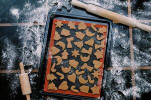 Raw Christmas cookies lie on a baking sheet on a table sprinkled with flour. Top view photo