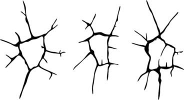 Three abstract black crack patterns on a white background, showcasing different shapes and sizes of cracks. vector