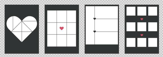 Set of collage posters templates for photos. designs with hearts elements and grid for pictures. Simple trendy geometric design. vector