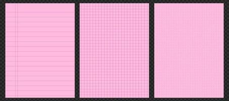 Set of notebook pages with lined and grid patterns. background featuring pink and blue notepaper sheets for school or office use. Blank memo, diary, and drafting templates. vector