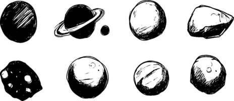A collection of hand-drawn celestial bodies including planets, asteroids, and moons, showcasing various textures and shapes in a monochrome style. vector