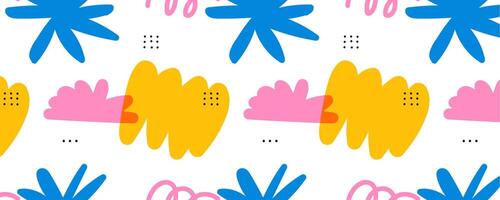 trendy children pattern with organic blob shapes and natural objects. Bright colors with an overlay. Drawing with marker or riso print. Vecto illustration in pink and blue and yellow and white colors vector