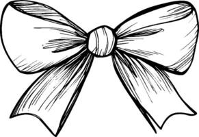A hand-drawn illustration of a decorative bow with wide loops and tails, outlined in black and white. vector