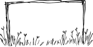 A hand-drawn frame with a simple design, featuring a grassy bottom adorned with small heart-shaped flowers. The frame is empty, allowing for customization. vector