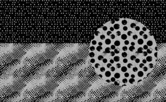 Retro halftone background with graphic dotted circle pattern. Vintage comic style design featuring grainy gradient and geometric grid. Black and white overlay with subtle noise, gritty texture. vector