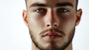 Intense close-up shot of a young man with striking blue eyes a beard and defined facial features set against a white background photo