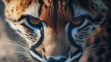 Intense close-up capturing the piercing gaze of a wild cat showcasing its striking amber eyes and intricate fur patterns photo
