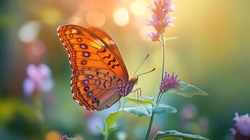 vibrante mariposa encaramado en delicado flor flores bañado en dorado luz de sol un natural obra maestra de insecto y floración foto