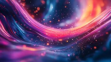 Vibrant abstract waves of pink blue and orange light flowing with sparkling specks A dynamic and colorful composition photo