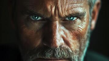 Intense gaze from a seasoned man with piercing eyes conveys wisdom strength and a hint of underlying determination photo