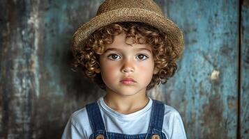 Young child with curly hair and a straw hat looking directly at the camera with a serious but thoughtful expression photo