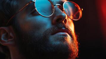 Close-up portrait of a man with a beard wearing glasses gazing upwards in contemplative thought under dramatic lighting photo