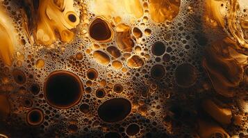 Abstract brown liquid surface with patterns and bubbles creates a mesmerizing macro view of oil-like substances photo