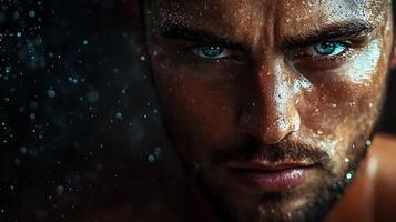 Intense stare of a man with water droplets on his face capturing strength and resilience in a close-up portrait photo