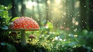 Amanita mushroom in a serene forest setting with magical light surrounded by lush greenery moss and soft bokeh photo