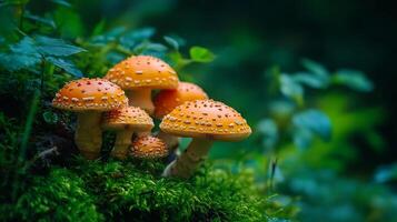 A cluster of vibrant orange mushrooms with white spots grows on a bed of green moss in a dimly lit forest setting photo