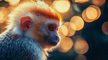 Close-up of a monkey's face with a warm golden light enhancing its features and creating a beautiful bokeh background photo