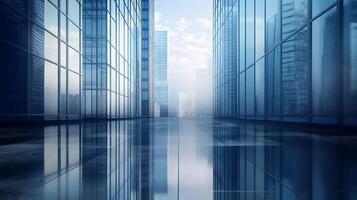 Abstract modern architecture with towering glass skyscrapers reflecting light and creating a sleek futuristic cityscape photo