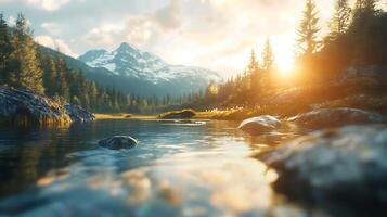 Scenic view of a serene lake surrounded by a lush forest and majestic mountains during the day exuding tranquility photo