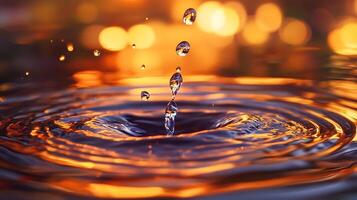 Water drop impact creates ripples in a pool with blurred glowing golden lights in the background A serene abstract photo