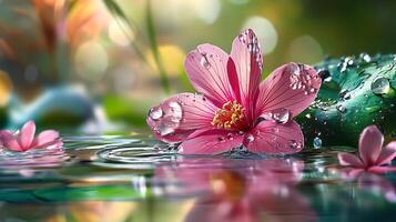 Pink flower floating on water surface adorned with water droplets reflecting soft colors in a serene aquatic setting photo