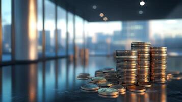 Stacks of coins on a reflective surface against a blurred cityscape backdrop portraying financial growth and stability photo