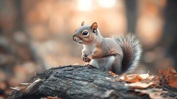 A captivating squirrel sits perched atop a fallen log set against a vibrant forest backdrop in warm colors photo