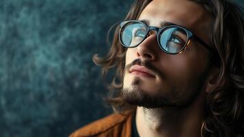 A man with glasses looks up pensively with soft lighting and artistic flair conveying thoughtful reflection photo